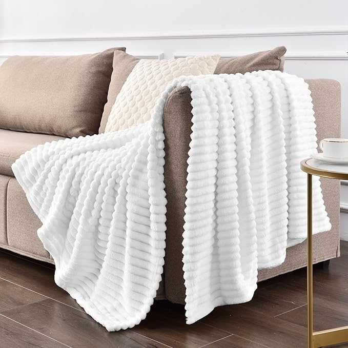 BEDELITE Fleece Throw Blanket for Couch – 3D Ribbed Jacquard Soft and Warm Decorative Fuzzy Blanket – Cozy, Fluffy, Plush Lightweight White Throw Blankets for Bed, Sofa, 84x90 inches