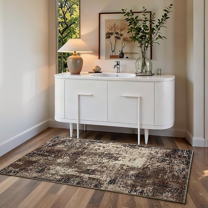 Entrance Rugs Indoor 2x3 Brown Entry Rug Washable Abstract Coffee Small Area Rug Non-Slip Low Pile Throw Rugs for Entryway, Kitchen Floor, Front Door Indoor Door Mat, Bathroom, Bedroom Bedside