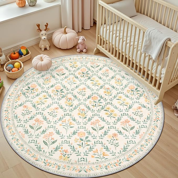 Round Area Rug for Living Room: 6 ft Floral Washable Circle Rug Soft Non-Slip Carpet Indoor Stain Resistant Low Pile Small Circular Rug for Bedroom Entryway Kitchen Nursery Home Office Beige/Multi