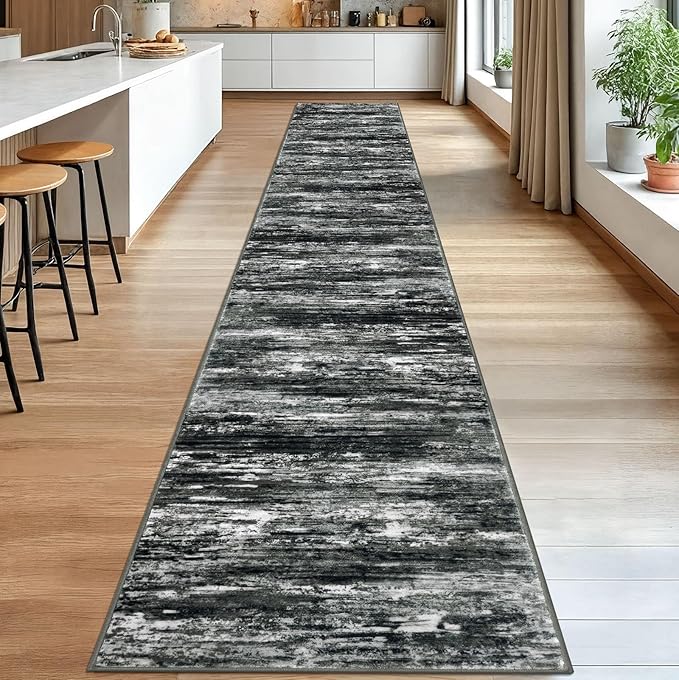 KOZYFLY Modern Abstract Washable Runner Rug 2.6x18 Hallway Runners Non-Slip Soft Kitchen Rugs, Black Grey Striped 18 Foot Carpet Runner for Stair Entryway Laundry Room Foyer