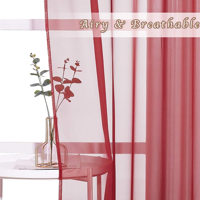 NICETOWN Sheer Window Curtains Panels - Lighter Filtering Thin Soft Home Decor Fashion Ring Top Voile Window Draperies for Living Room/Master Bedroom (W54 x L96 Inches, Haute Red, 1 Pair)