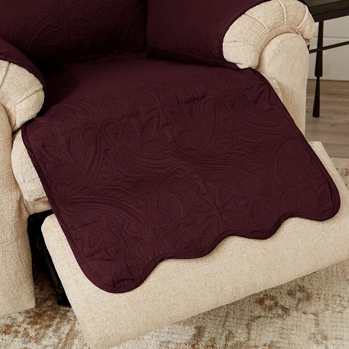 Great Bay Home Reversible Recliner Cover - Washable Slipcover Furniture Protector with Elastic Straps - Perfect for Kids & Pets - Quilted & Stitched Detail (Wine/Light Grey)