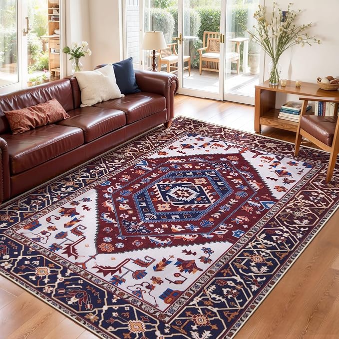 SERISSA Area Rug 3x5 Boho Rugs for Bedroom, Washable Non-Slip Living Room Rug, Ultra Soft Print Distressed Vintage Burgundy Navy Rug Low-Pile Throw Carpet for Entry Kitchen Nursery Dorm Decor