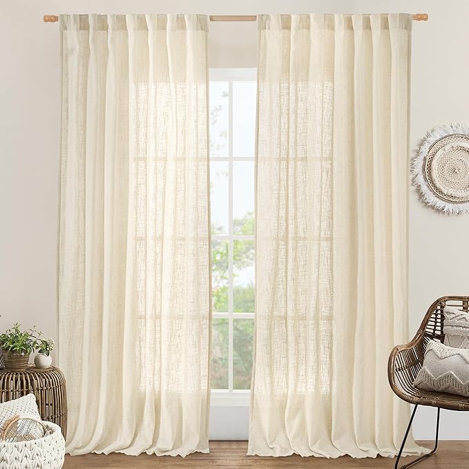 LAMIT Extra Wide Linen Curtains for Bedroom, Natural Light Filtering Faux Linen Textured Panels Semi Sheer Back Tab and Rod Pocket Boho Drapes for Living Room/Farmhouse, 2 Panels, Beige, 60 x 84 Inch