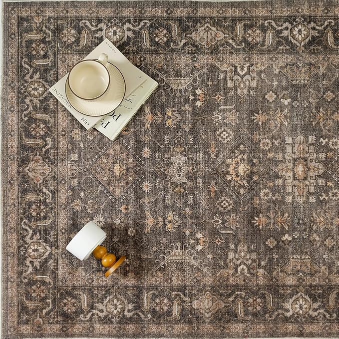3x3 Washable Round Rug for Entryway Vintage Brown Non Slip Low Pile Carpet Traditional Retro Soft Cirlce Rug for Entrance Bathroom Door Mat Indoor Dorm Dining Room