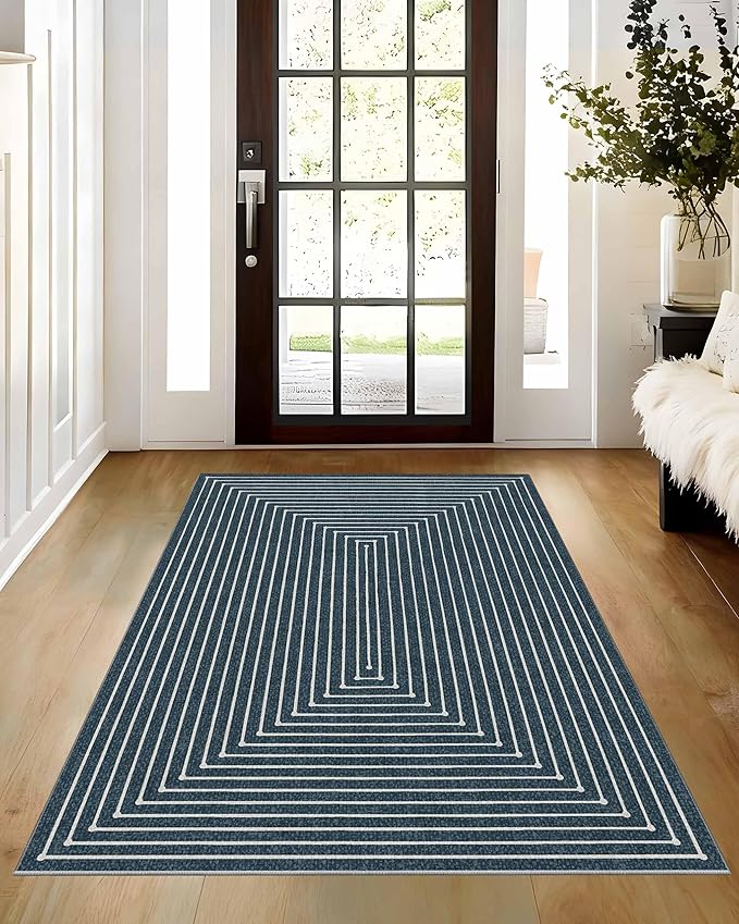 Latte&Fog 3x5 Entryway Rug Indoor, Modern Abstract Washable Area Rug, Boho Non Slip Low Pile Throw Carpet for Indoor Bedroom Bedside, Kitchen, Entry and Living Room - Blue