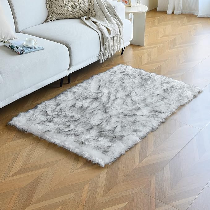 duduta White Black Faux Sheepskin Fur Rug 3x5 ft, Fluffy Shag Bedroom Dorm Nursery Playroom Carpet Rug Non Slip Washable