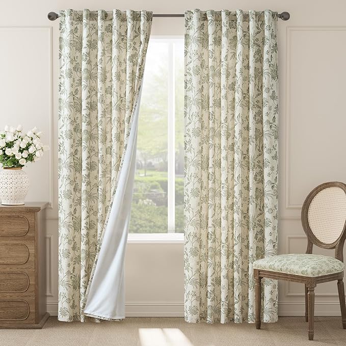 jinchan Lined Linen Floral Curtains for Living Room, 84 Inch Length Printed Flower Farmhouse Patterned French Country Back Tab Green Window Drapes Set Privacy Bedroom Curtains, 2 Panels
