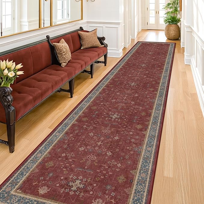 Hazo Haus Non Slip 10ft Long Hallway Runner Rug Burgundy - 2 x 10 Runner Rug, Washable & Waterproof 2x10 Kitchen Floor Mat - Oriental Turkish Dark Red Design Décor