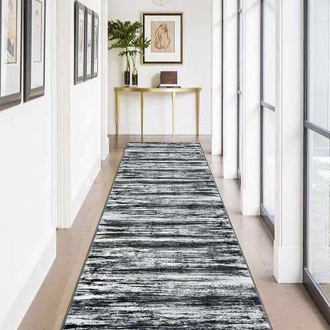 KOZYFLY Modern Abstract Washable Rug Runner 2.6x12 Hallway Rug Runner Non-Slip Soft Kitchen Runner Rugs, Black Navy Blue Grey Striped Carpet for Entryway Bathroom Laundry Room Foyer