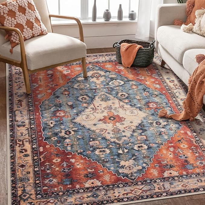 SERISSA Area Rug 3x5 Boho Tribal Rugs for Bedroom, Washable Kitchen Rugs Non-Slip, Ultra Soft Print Distressed Vintage Entry Rug Low-Pile Throw Rug Carpet for Nursery Living Room Dorm Decor