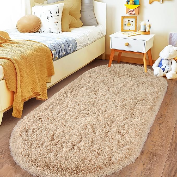 Pionblank Fluffy Area Rug for Bedroom 2.6'x5.3', Shag Oval Rug for Bedside, Ultra Soft Cute Plush Carpet for Living Room Kids Girls Boys Room Nursery Teens Dorm Home Decor, Camel