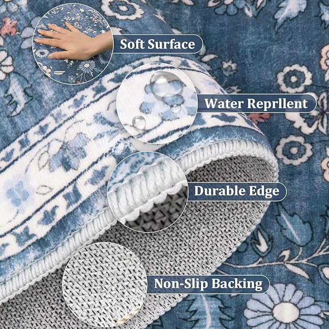 Yamaziot Washable Runner Rug 2x10 – Floral Non Slip Boho Hallway Runner Rug with Rubber Backing, Low Pile Faux Wool Distressed Carpet for Kitchen, Laundry, Bedroom, Entrance, Blue