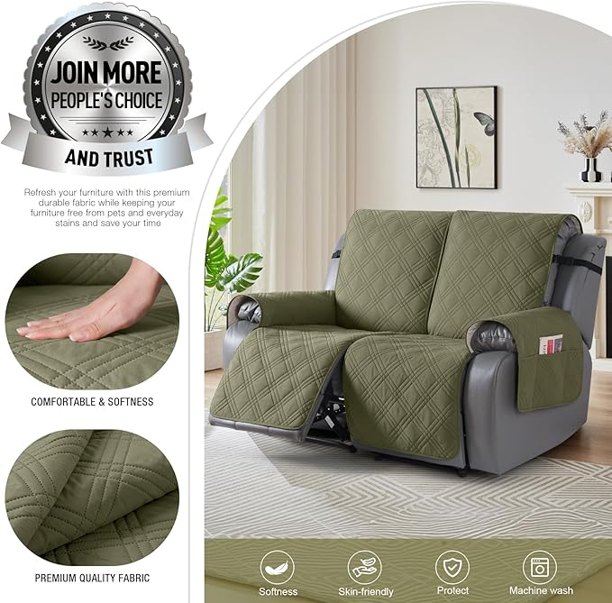 TAOCOCO 100% Waterproof Loveseat Recliner Covers 2 Seater, Split Loveseat Covers for Reclining loveseat, Non Slip Reclining Couch Cover with Double Straps for Kids, Pets(2 Seater, Green)