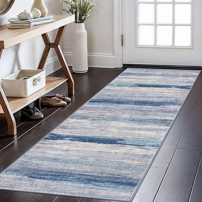 KOZYFLY Modern Abstract Kitchen Runner Rug, 2x6 Washable Rug Runner Non-Slip Soft Striped Hallway Runner Rugs, Blue/Grey/Beige Print Carpet Runner for Entryway Bathroom Laundry Room Foyer