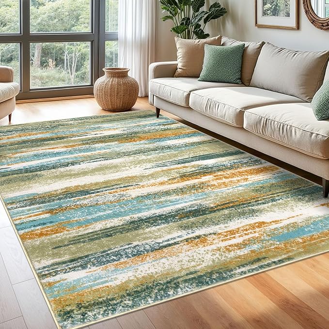 Lansny Modern Abstract 6x9 Machine Washable Living Room Rug Non-Slip Soft Bedroom Area Rug Green Mustard Multi Ultra Thin Print Faux Wool Floor Carpet Throw Rug for Nursery Playroom Dining Room Indoor