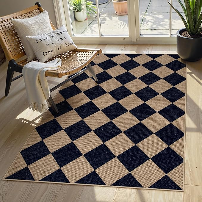 Lahome Colette Checkered Easy Jute Entry Rug, 3x5 Black Outdoor Patio Rug for Living Room Farmhouse Neutral Carpet, Washable Non Slip Indoor Door Mat Diamond Carpet for Front Door Deck Camping