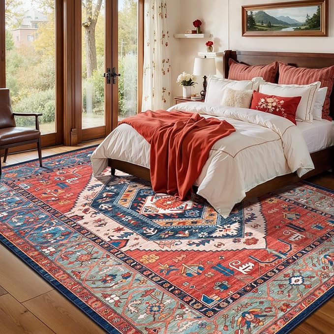 SERISSA Washable Rugs 6x9 Area Rugs, Large Non-Slip Boho Living Room Rust Rug, Ultra Soft Vintage Print Distressed Oriental Tribal Farmhouse Carpet for Dining Room Bedroom Dorm Office Home Decor