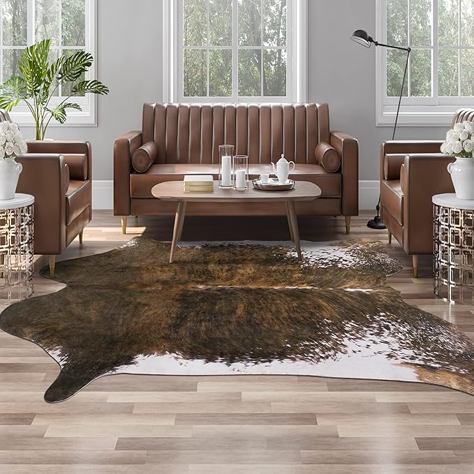 AROGAN Faux Cow Print Rug Large (6ft x 7ft) - Cow Print Area Rug with No-Slip Backing, Large Animal Skin Rugs for Living Room, Offfice, Room Decor, Saddle Brown