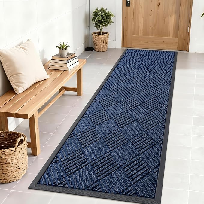 OLANLY Front Door Mat Outside Entrance 71x23, Absorbent, Heavy Duty Sturdy Natural Rubber Doormat Indoor Outdoor, Stain Fade Resistant, Non-Slip Low Profile Floor Mat for Entryway, Navy Blue Diamond