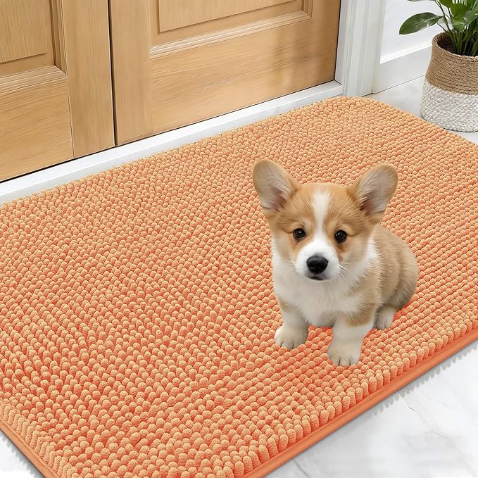 OLANLY Dog Door Mat for Muddy Paws 24x16, Absorbs Moisture and Dirt, Absorbent Non-Slip Washable Doormat, Quick Dry Chenille Mud Mat for Dogs, Entry Indoor Entryway Carpet for Inside Floor, Orange