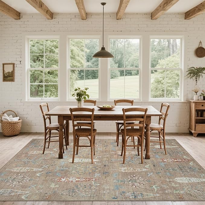 Washable Rugs 8x10 Area Rugs for Living Room,Bedroom,Dining Room-Large Ultra Soft Faux Wool Retro Carpet,Non Slip&Non-Shedding Low Pile Vintage Print Rug for Home Office Dorm Playroom-Terracotta