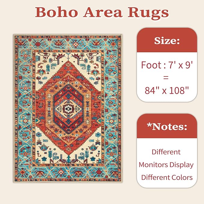 SERISSA 7x9 Area Rugs for Living Room, Large Washable Non-Slip Boho Rug, Ultra Soft Vintage Orange Oriental Tribal Print Distressed Carpet for Dining Room Bedroom Dorm Office Home Decor