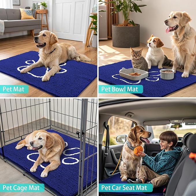Smiry Dog Door Mat for Muddy Paws, Absorbent Dirt Trapper Non Slip Quick Dry Washable Chenille Mat for Mud Dogs, Entry Rug for Indoor and Outdoor (59x24 Inches, Navy Blue and White)