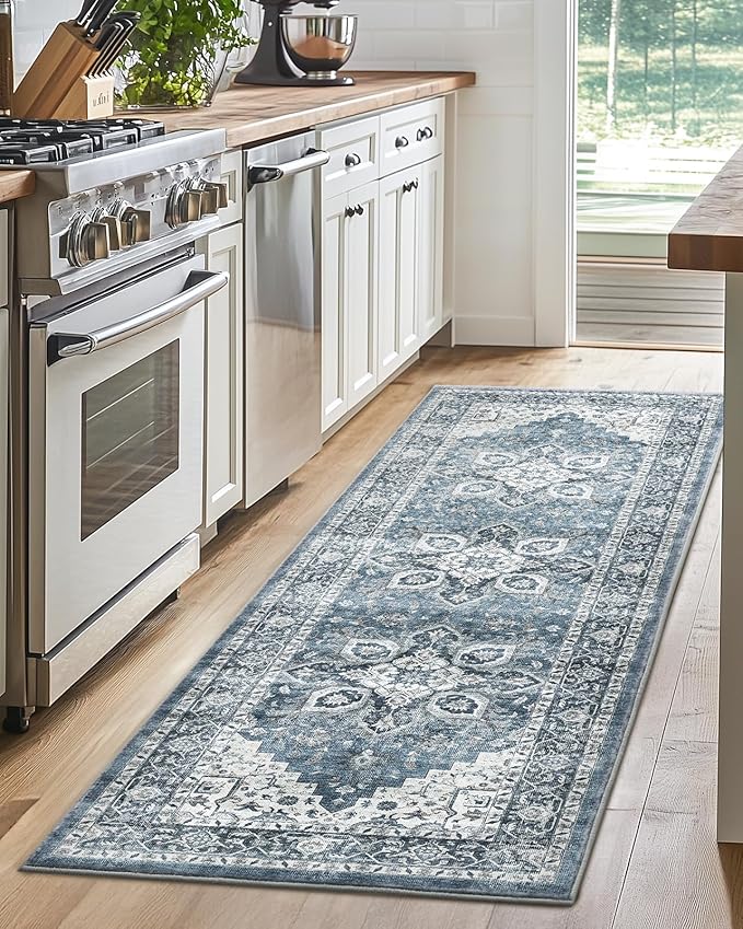 AMADA HOMEFURNISHING 2x5 Washable Runner Rug, Low-Profile Kitchen Rugs with Non-Slip Backing & Durable Edge Binding, Vintage Entryway Runner Rug for Bedroom & Hallway