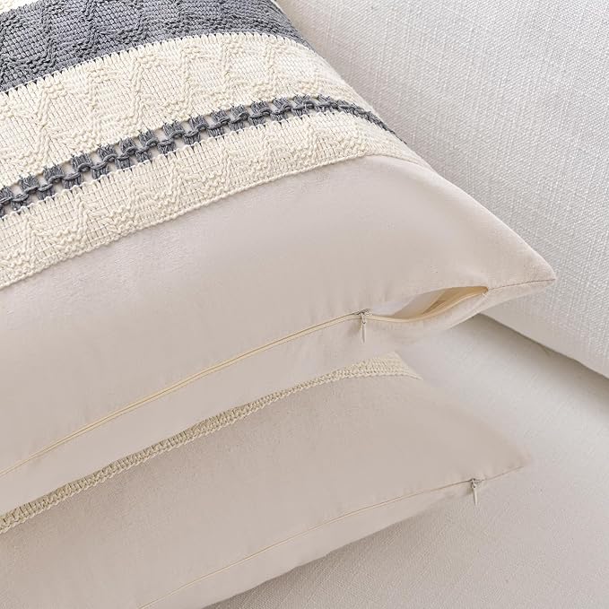 Fancy Homi Set of 1 Neutral Grey Farmhouse Lumbar Decorative Throw Pillow Covers 12x20 Inch for Couch Bed Chair, Vintage Country Rustic Retro Room Decor, Soft Thick Cotton Rectangle Cushion Case