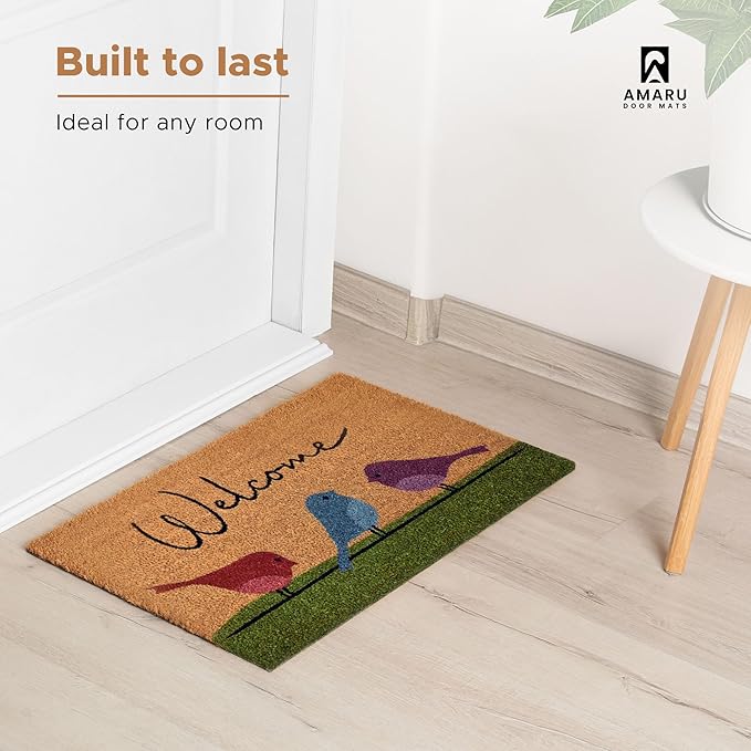 Colorful Birds - 24"x36" - Coir Door Mat with Heavy Duty Backing - Welcome Mats for Entryway, Porch - Anti-Slip PVC & Coconut Fiber Surface - Natural Home Accessories, Minimalist Original Design