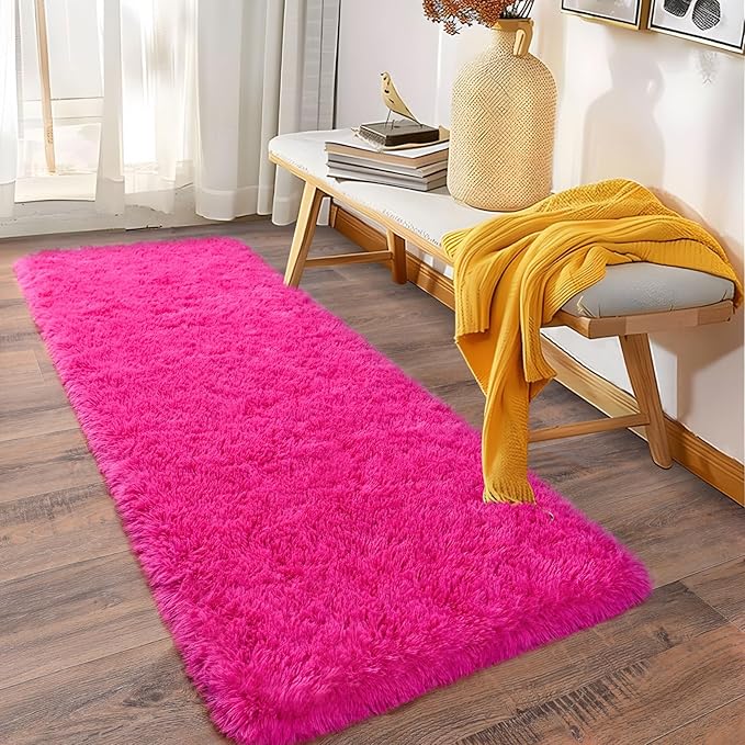 Soft Shag Runner Rugs for Girls Bedroom, 2x6 Hot Pink Fluffy Throw Area Rug Non Slip for Hallways Kids Bedside Dorm, Long Shaggy Furry Carpet for Nursery Living Room