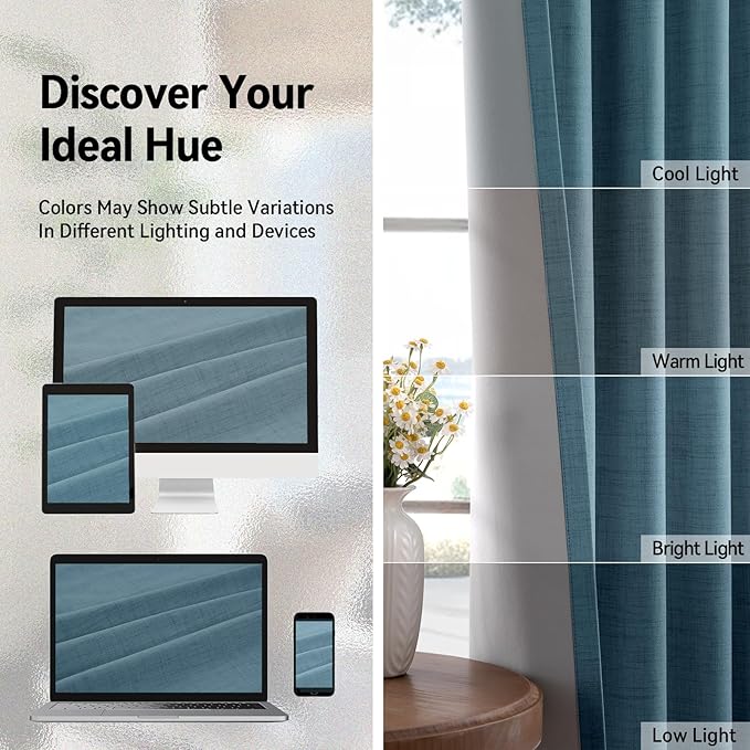 100% Blackout Shield Linen Blackout Curtains for Bedroom, Stone Blue Grommet Curtains for Living Room, Thermal Insulated Room Darkening Drapes for Nursery, Boho Home Decor, 50" W x 72" L, 2 Panels