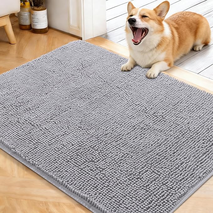 OLANLY Dog Door Mat for Muddy Paws 40x32, Absorbs Moisture and Dirt, Absorbent Non-Slip Washable Doormat, Quick Dry Chenille Mud Mat for Dogs, Entry Indoor Entryway Carpet for Inside Floor, Light Grey