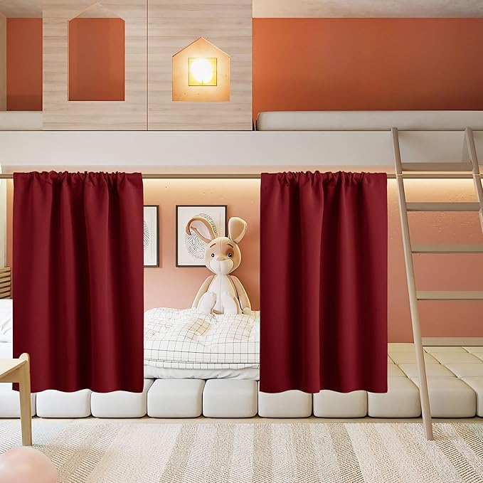 RYB HOME Basement Bathroom Kitchen Cafe Blackout Privacy Curtains, Short Insulating Light UV Heat Blocking Privacy Curtain Tiers for Laundry Room, Width 34 by Length 30, Burgundy Red, 2 Panels