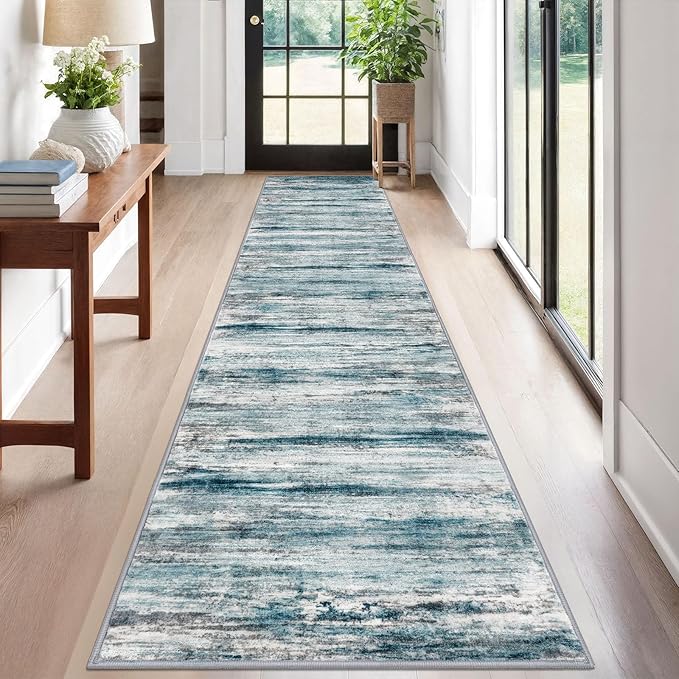 KOZYFLY Modern Abstract Hallway Runner, 2x12 Washable Rug Runner Non-Slip Soft Striped Kitchen Runner Rug, Light Blue Print Carpet for Entryway Bathroom Laundry Room Foyer