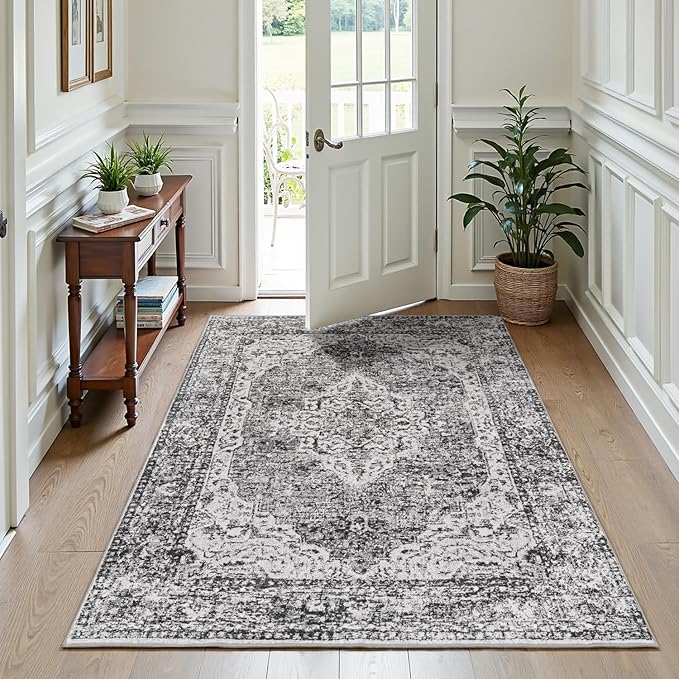 Lofus 5x7 Area Rugs for Living Room, Washable Area Rug, Rugs for Bedroom, Kitchen, Vintage Boho Carpet, Soft Non-Slip, Low Pile Large Area Rug for Office Dining Room, Vintage Dark Grey