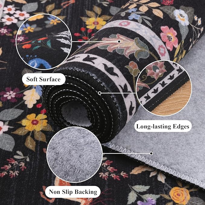 HEBE Washable Hallway Runner Rug 2'x 8' Non Slip Kitchen Rugs Runner,Low Pile Entryway Rug Laundry Room Mat Floral Carpet Runners for Hallways, Kitchen,Bathroom,Laundry,Bedside Rug