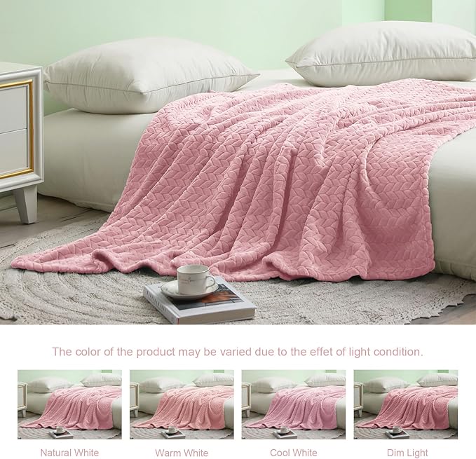 Exclusivo Mezcla Fleece Twin Size Blanket for Bed, 60x80 Inches Soft Cozy Jacquard Flannel Blankets, Lightweight Fuzzy Plush Warm for Women, Pink