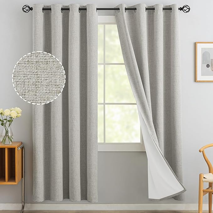 Yakamok Oatmeal Linen Curtains 100% Blackout 72 Inches Long,Room Darkening Textured Curtains for Living Room Thermal Grommet Bedroom Curtains 2 Panels with White Liner