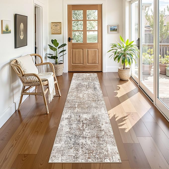 UERMEI 2X8 Washable Runner Rug for Hallway: Soft Neutral Modern Abstract Area Rug - Non-Slip Low Pile Long Throw Indoor Carpet for Kitchen Entryway Kitchen Bedroom Laundry Bathroom - Brown/Grey/Red