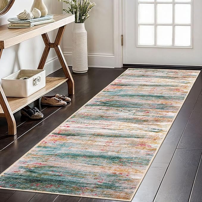 KOZYFLY Modern Abstract Kitchen Runner Rug, 2x6 Washable Rug Runner Non-Slip Soft Hallway Runner Rugs, Green Print Carpet Runner for Entryway Bathroom Laundry Room Foyer