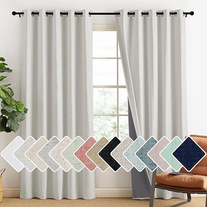 NICETOWN Snowbound Vintage Linen 100% Blackout Curtains for Living Room, Thermal Insulated Curtains 90" Long, Noise Reducing Window Treatment Drapes for Home Office, 62" Wide Per Panel, Set of 2