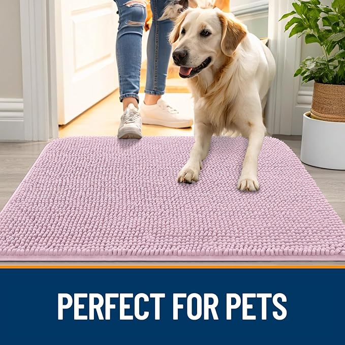 OLANLY Dog Door Mat for Muddy Paws 50x30, Absorbs Moisture and Dirt, Absorbent Non-Slip Washable Doormat, Quick Dry Chenille Mud Mat, Entry Indoor Entryway Carpet for Inside Floor, Dusty Rose