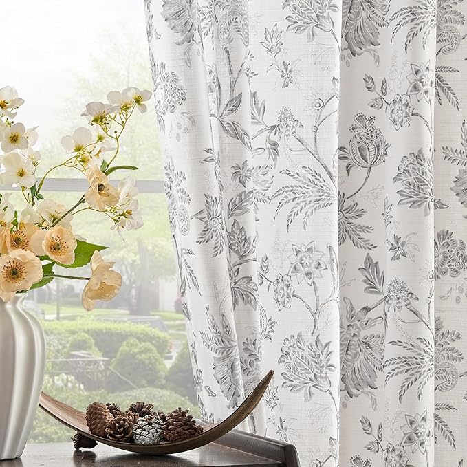 jinchan Linen Floral Curtains for Living Room, 84 Inch Length Curtains with Printed Flower Light Filtering Curtain, Rod Pocket Back Tab Gray Window Curtain Set, 2 Panels Light Grey on White