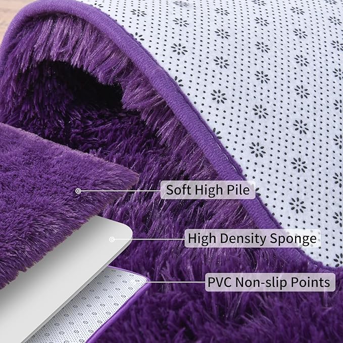 Soft Runner Rugs for Bedroom Hallways, 2 Packs 2x6 Purple Fluffy Shag Throw Area Rug Non Slip for Bedside Dorm, Long Shaggy Furry Carpet for Nursery Living Room