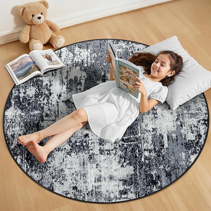 Washable Area Rugs 4ft Non-Slip Modern Abstract Soft for Living Room Entryway Bedroom Nursery, Print Pattern, Black Navy Blue Gray
