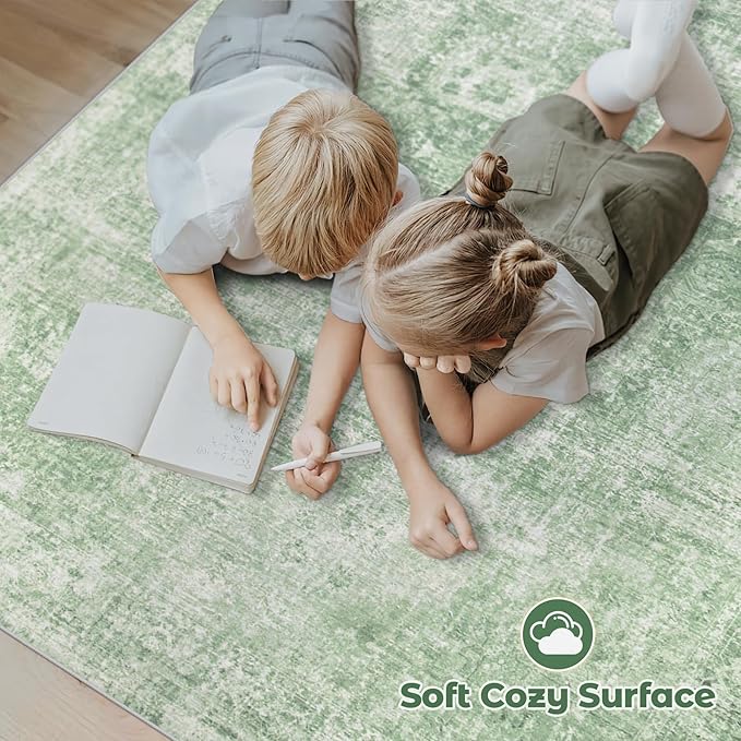 Area Rug 9x12 Washable Rug, Vintage Boho Medallion Rugs Non-Slip Soft Low Pile Large Distressed Rug Indoor Retro Carpet for Living Room Bedroom Dining Room Home Office (SageGreen, 9'x12')