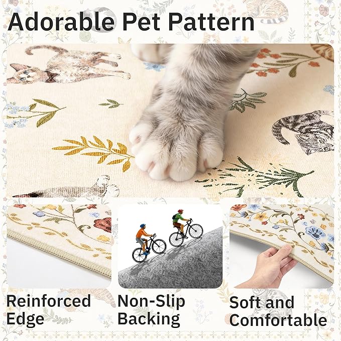 Cat 4x6 Area Rugs, Machine Washable Animal Floral Accent Rug Non-Slip Low Pile Soft Throw Rugs for Entryway Kitchen Bedside Living Room Bedroom Nursery Playroom (4 x 6,Beige)