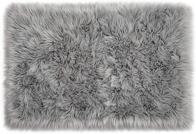 LOCHAS Soft Fluffy Faux Fur Rugs for Bedroom Bedside Rug 2x4 Feet, Washable, Furry Sheepskin Area Rug for Living Room Girls Room, Luxury Shag Carpet Home Decor, Grey